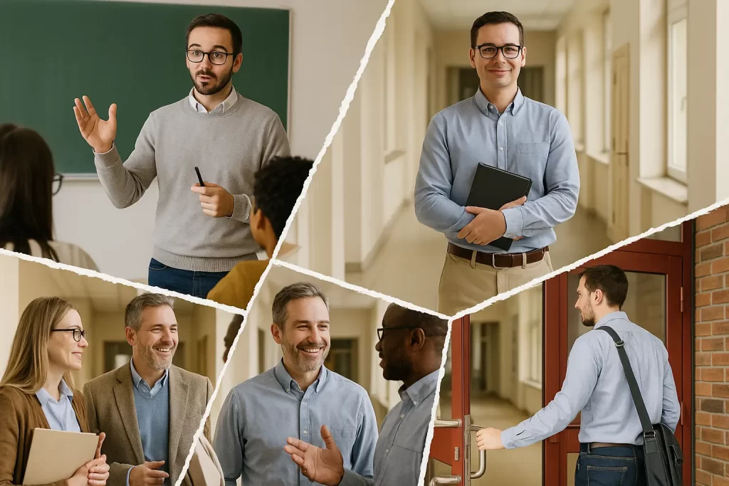 foto divisa in 5 parti con altrettanti momenti della vita professionale di un docente