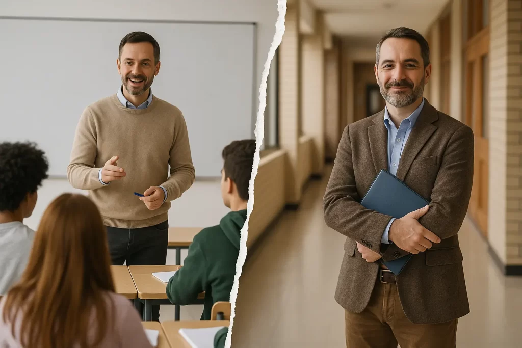 immagine divisa in due parti: un docente durante la lezione e un docente nel corridoio di una scuola