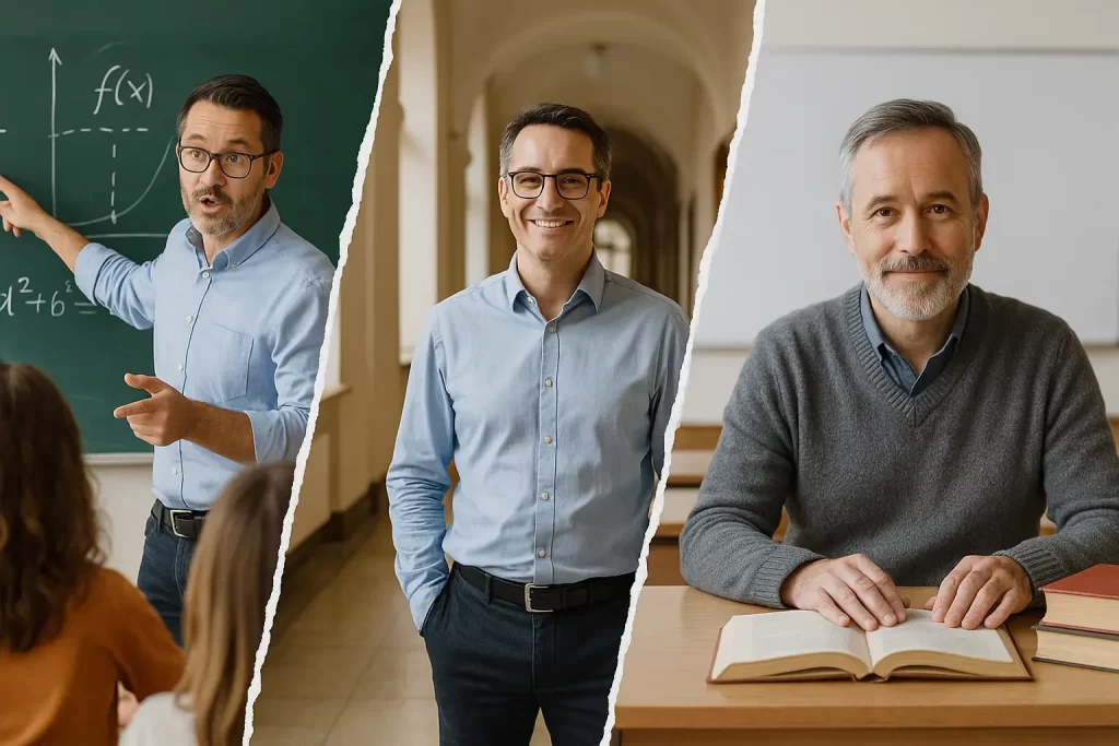 immagine divisa in tre parti: un docente durante la lezione, un docente nel corridoio di una scuola e un docente alla cattedra