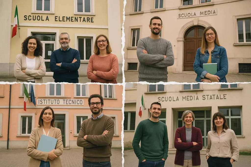 foto divisa in 4 con docenti davanti ad una scuola