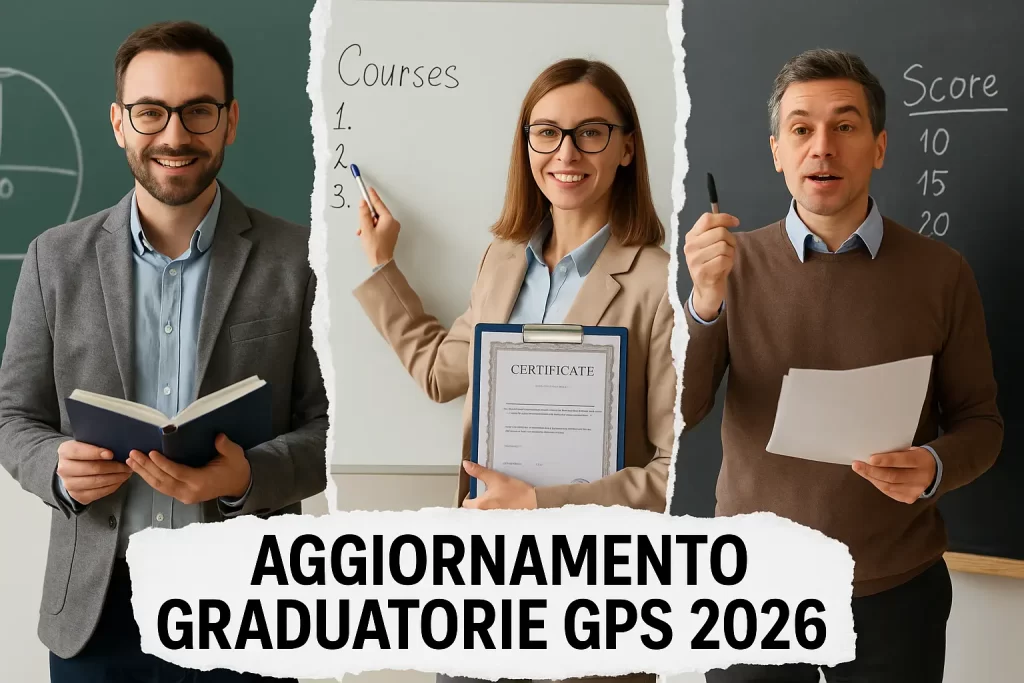 foto divisa in 3 parti con tre diversi docenti alle prese con corsi, certificazioni e punteggi per le graduatorie GPS. E in primo piano la scritta "Aggiornamento Graduatorie GPS 2026"