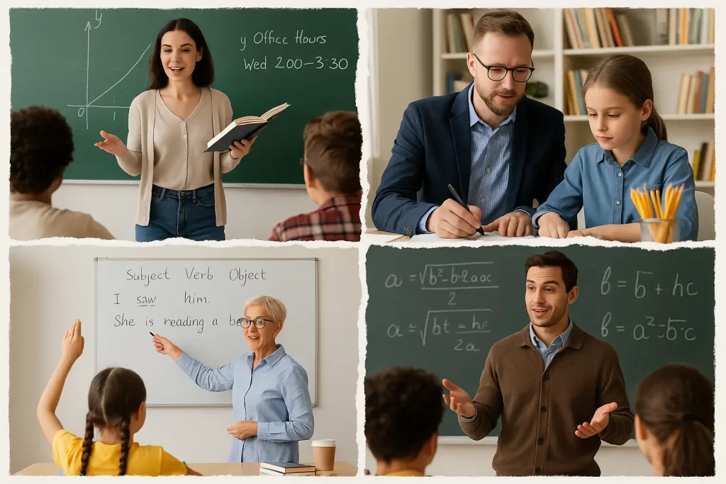 foto divisa in 4 parti con altrettanti docenti durante una lezione in classe 