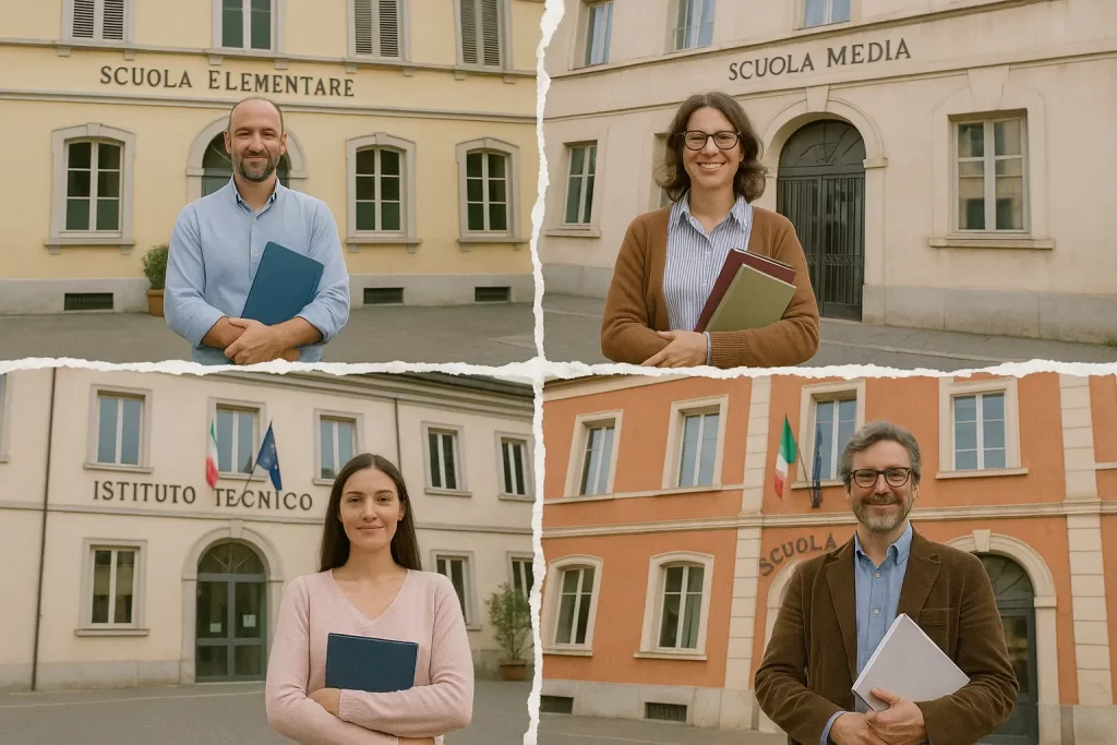 foto divisa in 4 con altrettanti docenti davanti ad una scuola