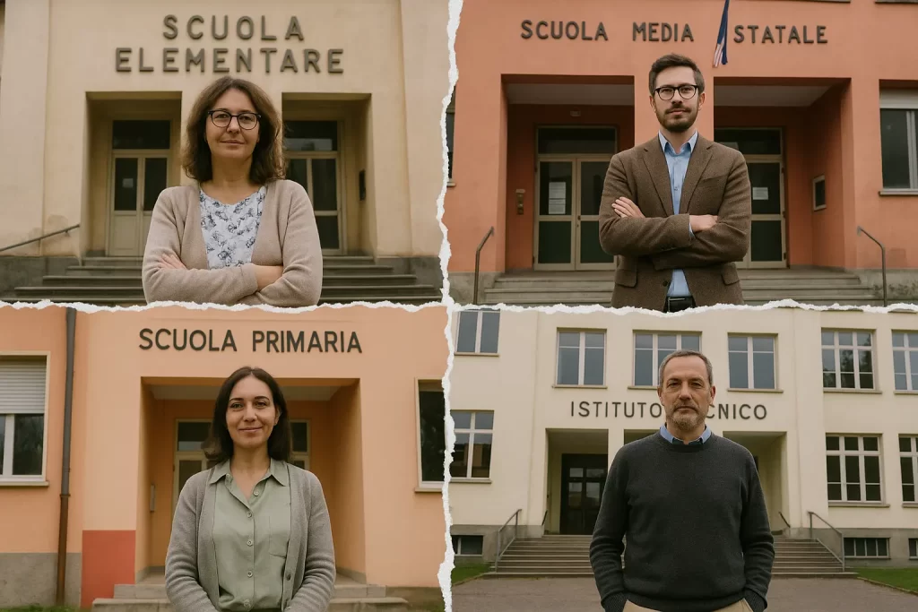 foto divisa in 4 con altrettanti docenti davanti ad una scuola