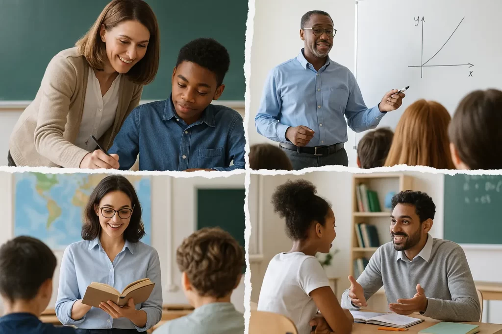 foto divisa in 4 parti con altrettanti docenti durante una lezione in classe 