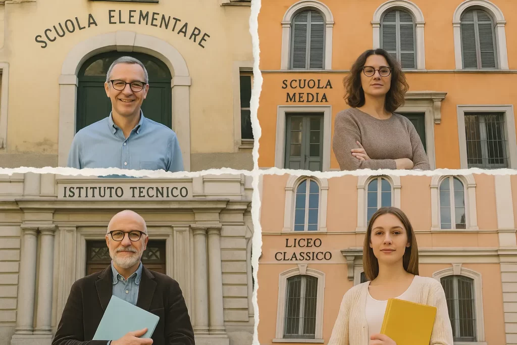 foto divisa in 4 con altrettanti docenti davanti ad una scuola