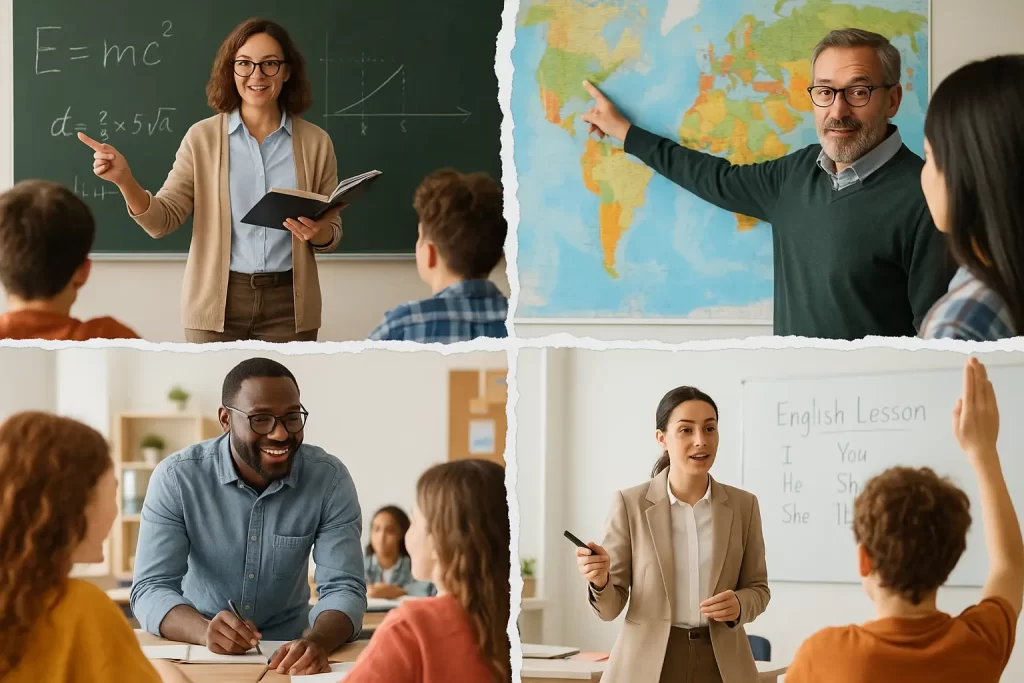 foto divisa in 4 parti con altrettanti docenti durante una lezione in classe 
