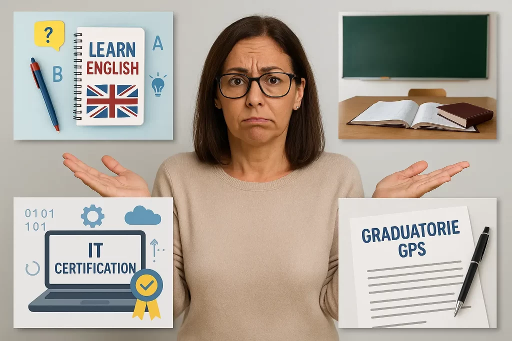 una docente in atteggiamento interrogativo. Intorno a lei altri 4 riquadri con altrettanti immagini: uno con elementi di un corso di inglese; uno con una cattedra un registro e una lavagna; una con con elementi di una certificazione informatica; una con le Graduatorie GPS