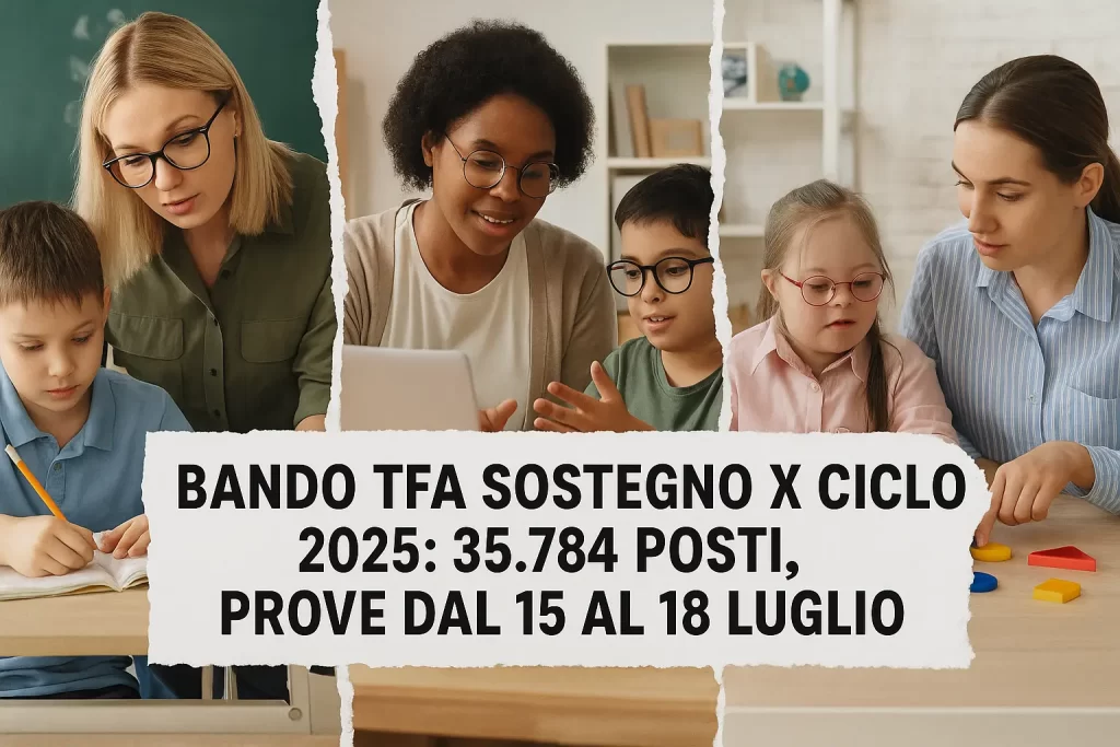 divisa in 3 parti con 3 diverse scene inerenti gli insegnanti di sostegno. E in primo piano la scritta "Bando TFA Sostegno X Ciclo 2025: 35.784 posti, prove dal 15 al 18 luglio"