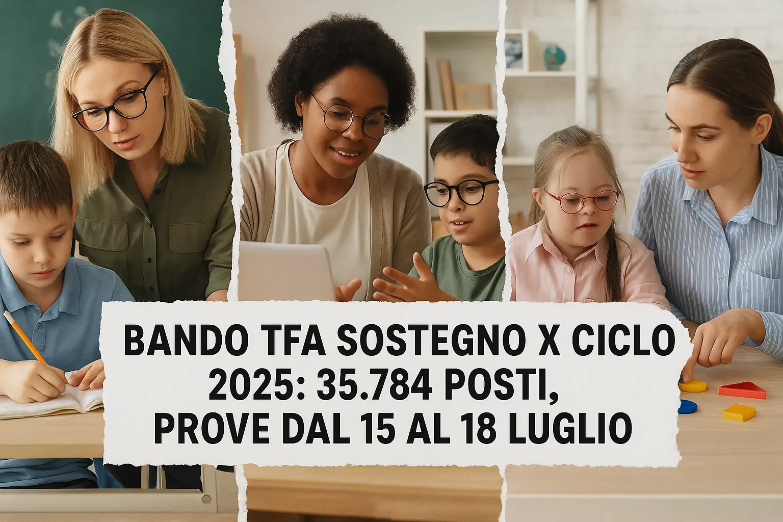 divisa in 3 parti con 3 diverse scene inerenti gli insegnanti di sostegno. E in primo piano la scritta "Bando TFA Sostegno X Ciclo 2025: 35.784 posti, prove dal 15 al 18 luglio"