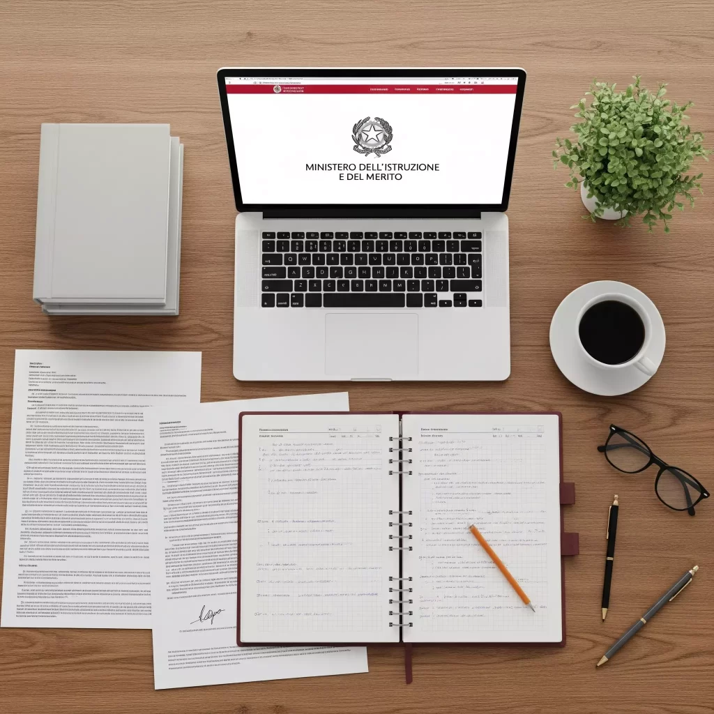 Una scrivania con un computer collegato al sito del Ministero