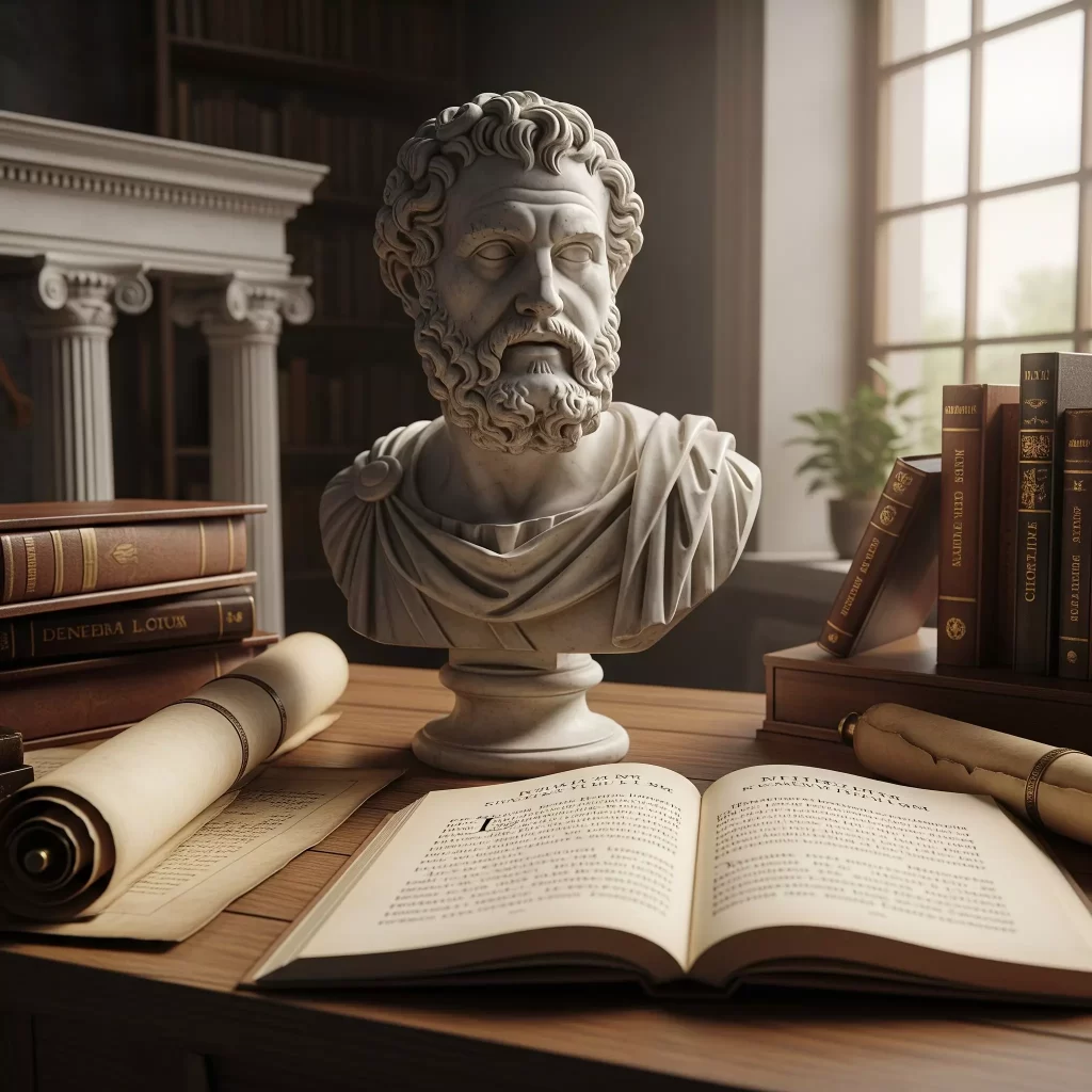 Una scena accademica che richiama il mondo classico, con una scultura di Omero, antiche pergamene e testi in latino