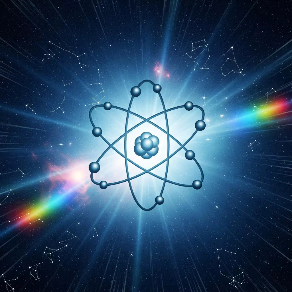 Una composizione dinamica che simboleggia le leggi fondamentali dell'universo, unendo la struttura dell'atomo con elementi cosmici come nebulose e la rifrazione della luce