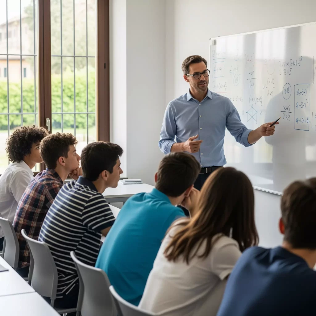 un docente durante una lezione in una moderna aula scolastica