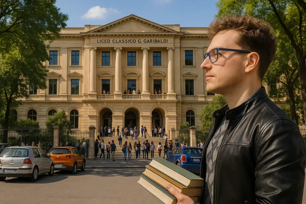 un docente di profilo con dei libri in mano davanti ad un edificio scolastico