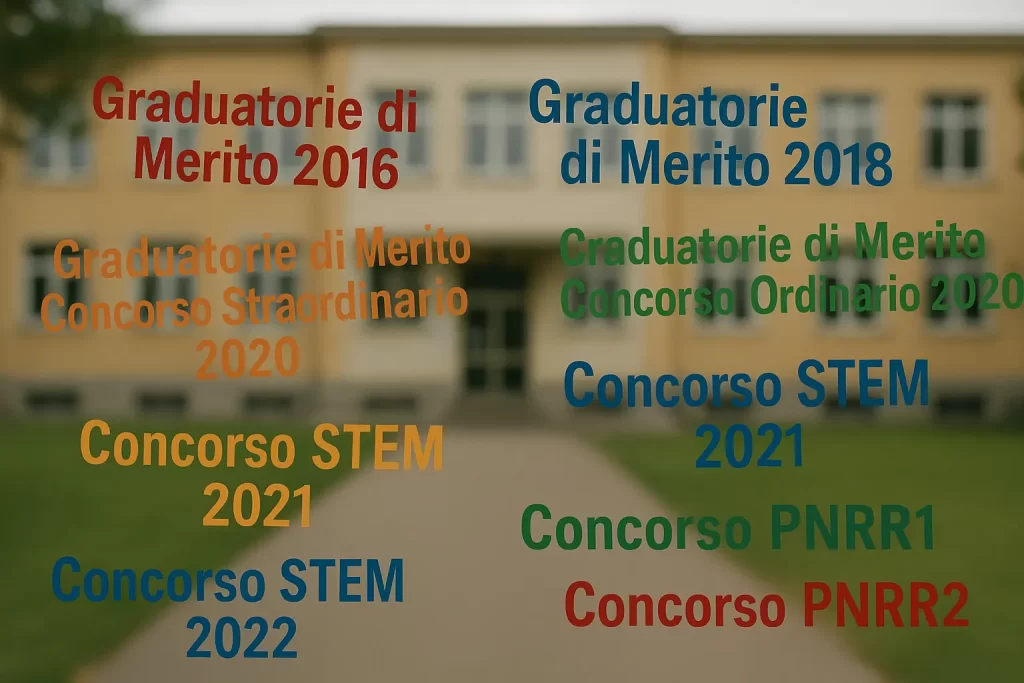 un'edificio scolastico sfocato e in primo piano le scritte colorate: "Graduatorie di Merito 2016", "Graduatorie di Merito 2018", "Graduatorie di Merito Concorso Straordinario 2020", "Graduatorie di Merito Concorso Ordinario 2020", "Concorso STEM 2021", "Concorso STEM 2022", "Concorso PNRR1", "Concorso PNRR2"