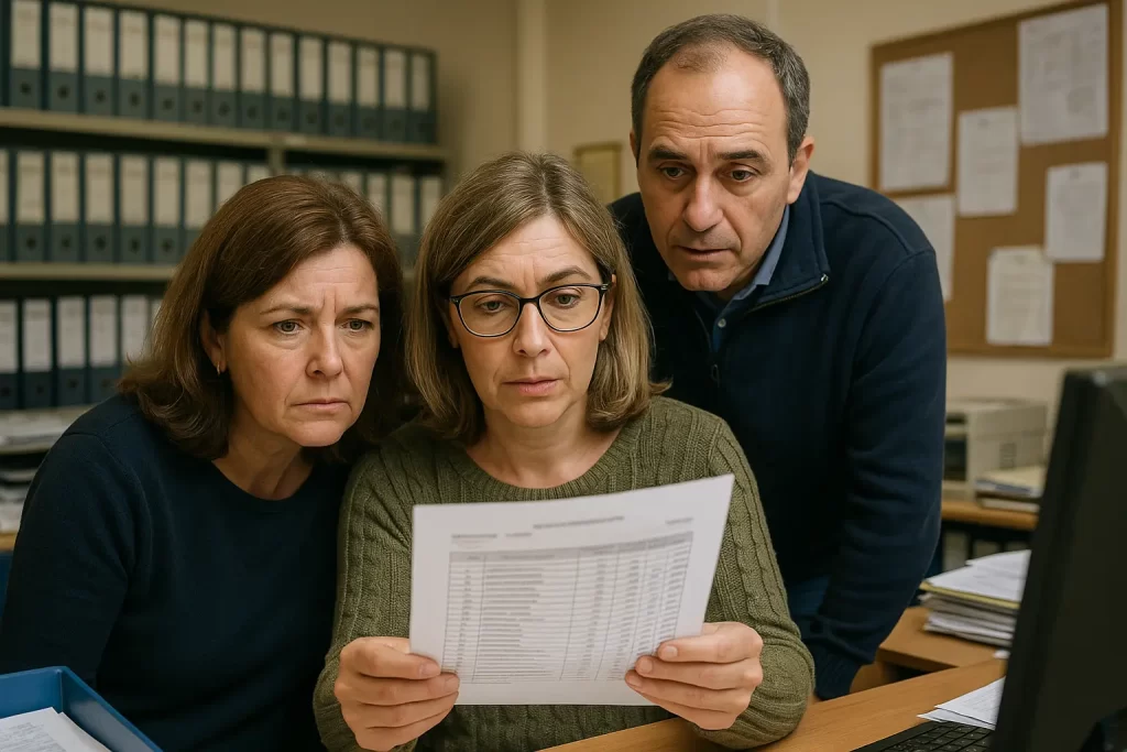 Scatto autentico in una segreteria scolastica italiana: due o tre assistenti ATA osservano insieme un documento stampato o un monitor che mostra una graduatoria o una comunicazione ministeriale. Le espressioni sono attente, miste tra speranza e concentrazione. L’ambiente è sobrio ma riconoscibile (archivio, scrivanie, faldoni). L'immagine trasmette il momento delicato dell’accesso alle nuove posizioni economiche.