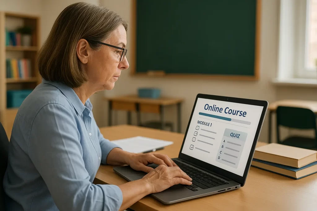 Un assistente amministrativo (donna, 50 anni) seduto a una scrivania in un ambiente scolastico, mentre segue un corso online tramite laptop. Sulla schermata, visibile una piattaforma e-learning con moduli o quiz. L'immagine deve trasmettere aggiornamento professionale e concentrazione, coerente con la formazione asincrona prevista dal PNRR.