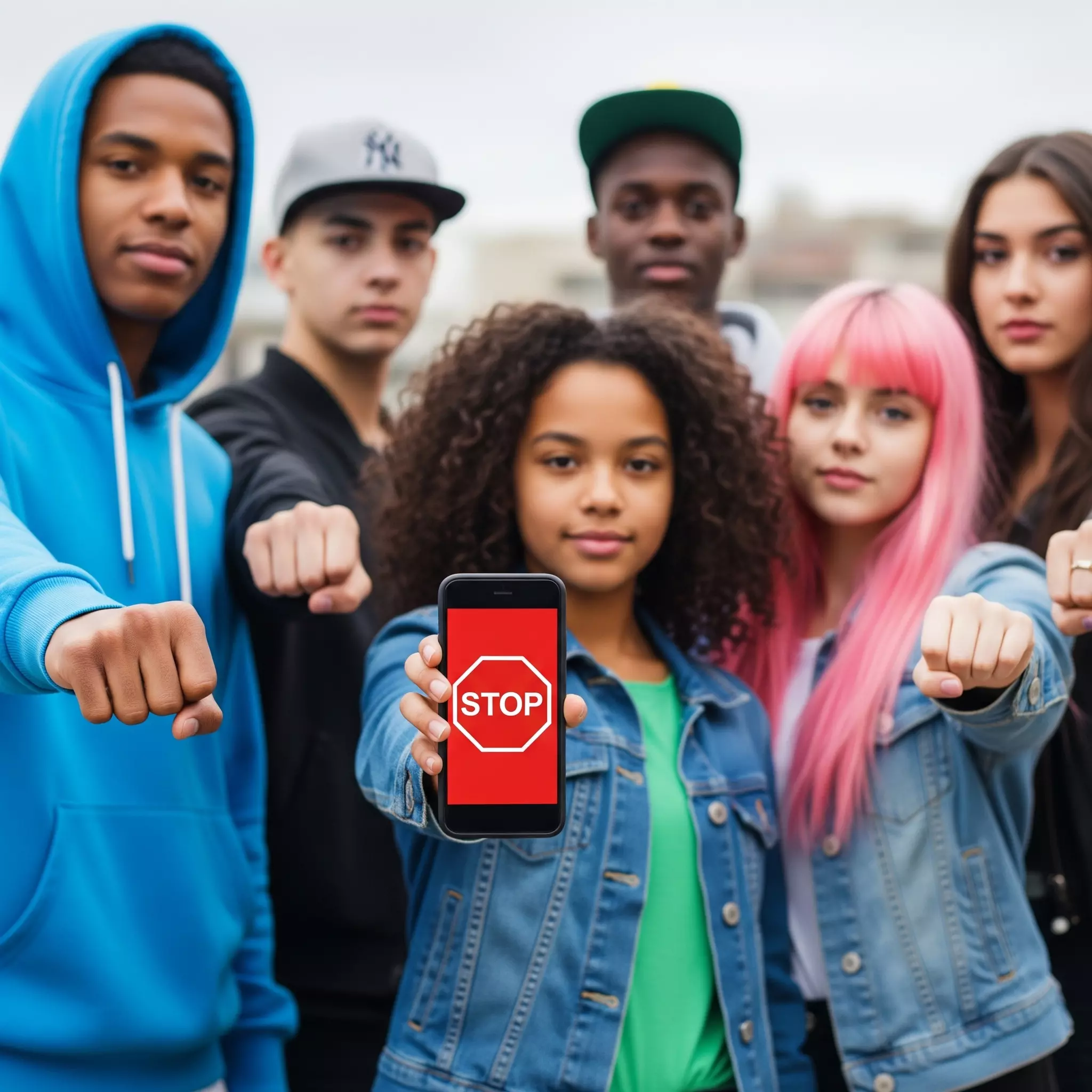 un gruppo di ragazzi mostra un cellulare con la scritta STOP