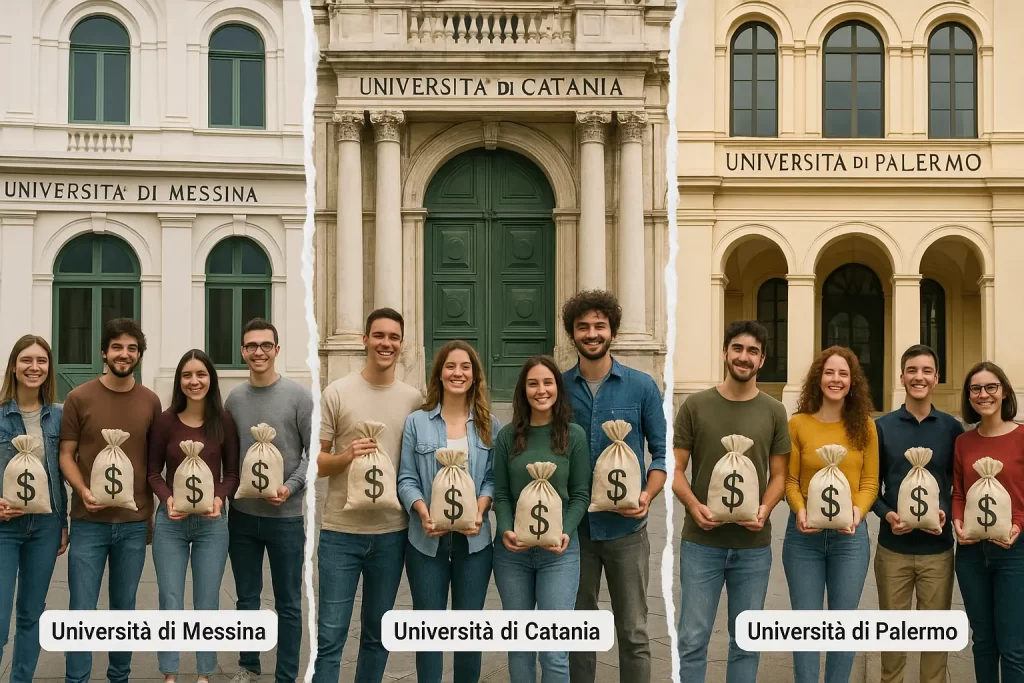 immagine reale divisa in 3 parti come un foglio strappato, con un'immagine in ogni parte delle Università di Messina, Catania e Palermo. Davanti ad ogni Università alcuni studenti con in mano un sacco pieno di denaro con sopra il simbolo "$".