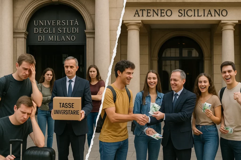 immagine divisa in 2 parti. In una metà studenti affranti con la valigia in mano davanti ad un'Università di Milano con il rettore davanti all'ingresso con una cassetta con sopra la scritta "Tasse Universitarie" in fila per pagare con in mano diverse centinaia di Euro.
Nell'altra un gruppo di studenti contenti che invece riceve diverse centinaia di Euro dal rettore prima di entrare in un Ateneo Siciliano.