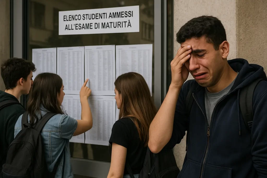 studenti di una scuola secondaria consultano l'elenco degli studenti ammessi all'esame di maturità: tra loro un ragazzo marocchino di 19 anni triste e in lacrime