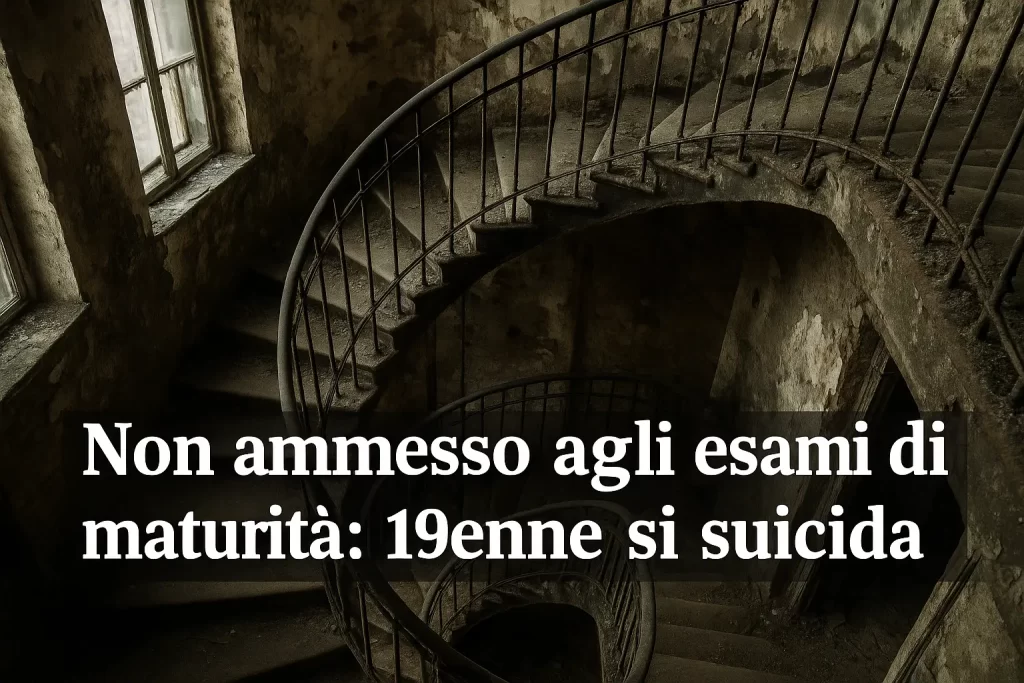 tromba delle scale di un edificio dismesso. E in primo piano la scritta "Non ammesso agli esami di maturità: 19enne si suicida"