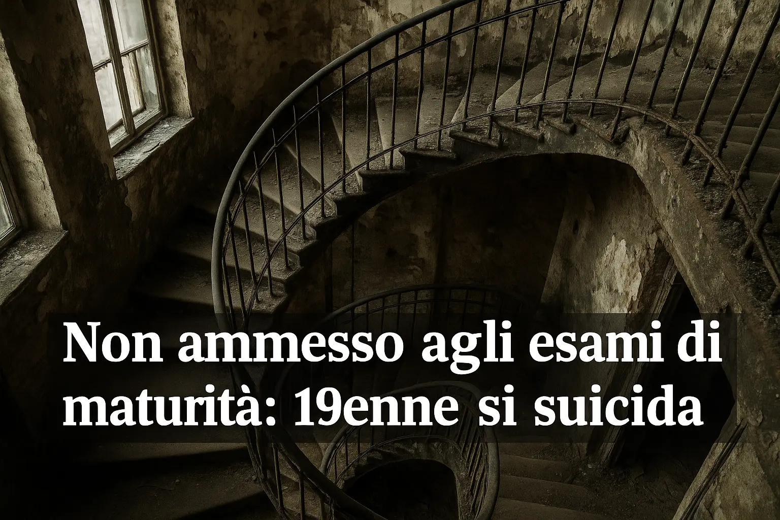 tromba delle scale di un edificio dismesso. E in primo piano la scritta "Non ammesso agli esami di maturità: 19enne si suicida"