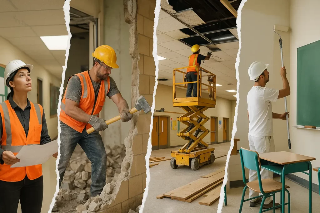 Foto divisa in 4 parti con scene di edilizia scolastica