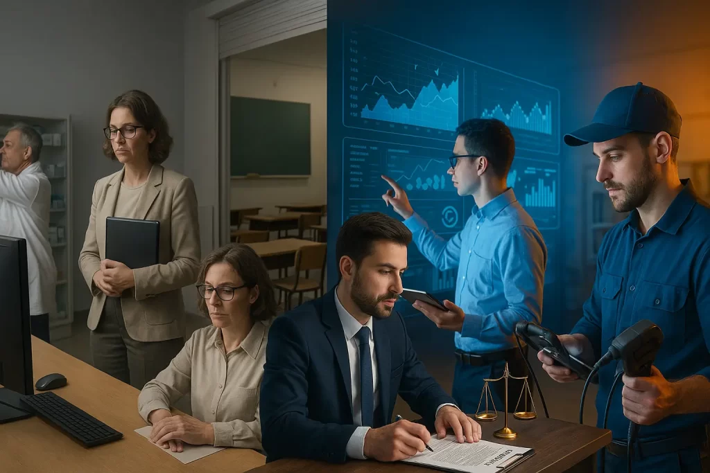 Una composizione simbolica che mostra da un lato professioni in declino (come un tecnico programmatore al computer spento, un insegnante con aula vuota, un farmacista che chiude la farmacia), e dall’altro professioni emergenti (un esperto legale al lavoro con documenti digitali, un data analyst davanti a schermi interattivi, un tecnico meccanico con strumenti ad alta tecnologia).