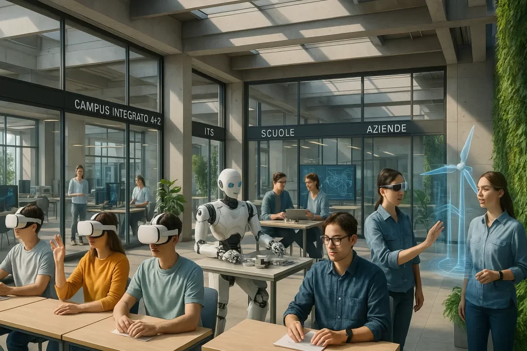 Una rappresentazione futuristica di un campus integrato 4+2: studenti in aula con visori VR, laboratori STEM attivi, docenti che collaborano con imprese, e ambienti moderni che uniscono scuole, ITS e aziende. Elementi come robotica, realtà aumentata e sostenibilità visibili nella scena. L’atmosfera deve essere luminosa e propositiva, simbolo di un’istruzione al passo coi tempi.