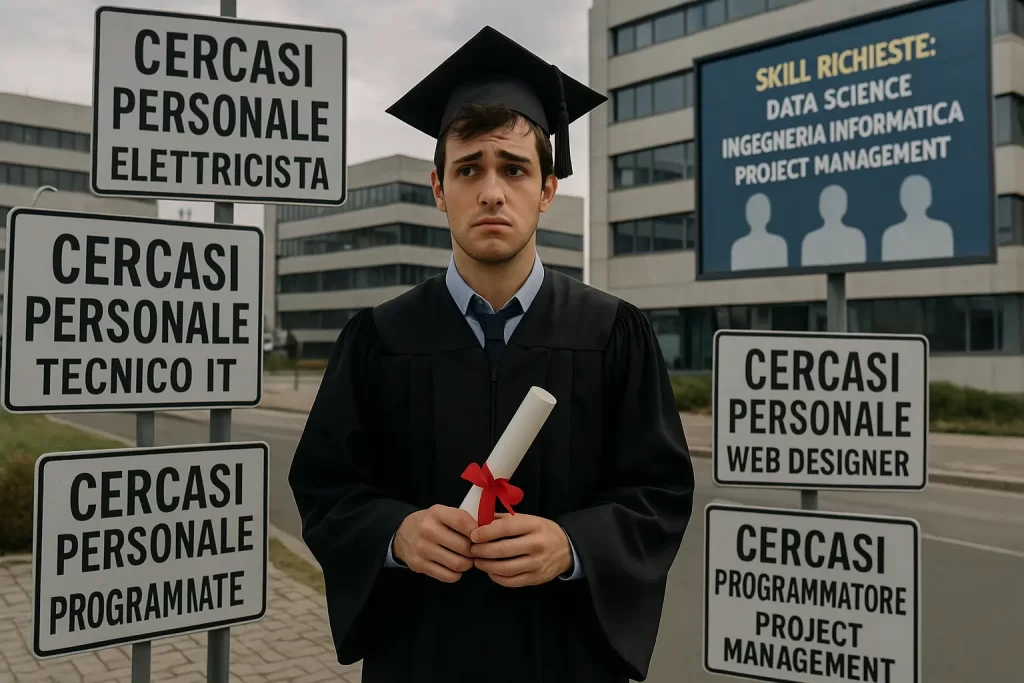 Un giovane laureato spaesato con in mano un diploma, circondato da cartelli di "Cercasi personale" in settori tecnici e digitali. Sullo sfondo, aziende con schermi che mostrano “Skill richieste: data science, ingegneria informatica, project management”, ma con figure professionali assenti o vuote.