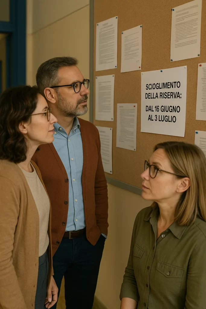 Docenti a scuola davanti una bacheca