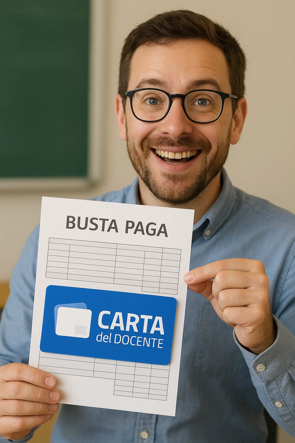 Docente felice con busta paga in mano e carta del docente