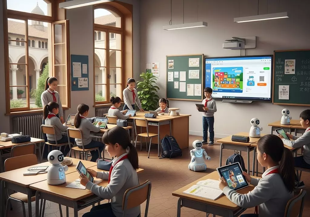 Bambini cinesi che usano l'AI a scuola
