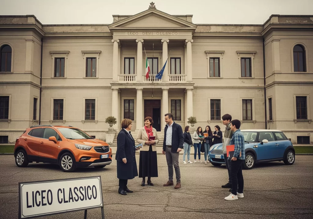 docenti e alunni davanti ad un edificio scolastico