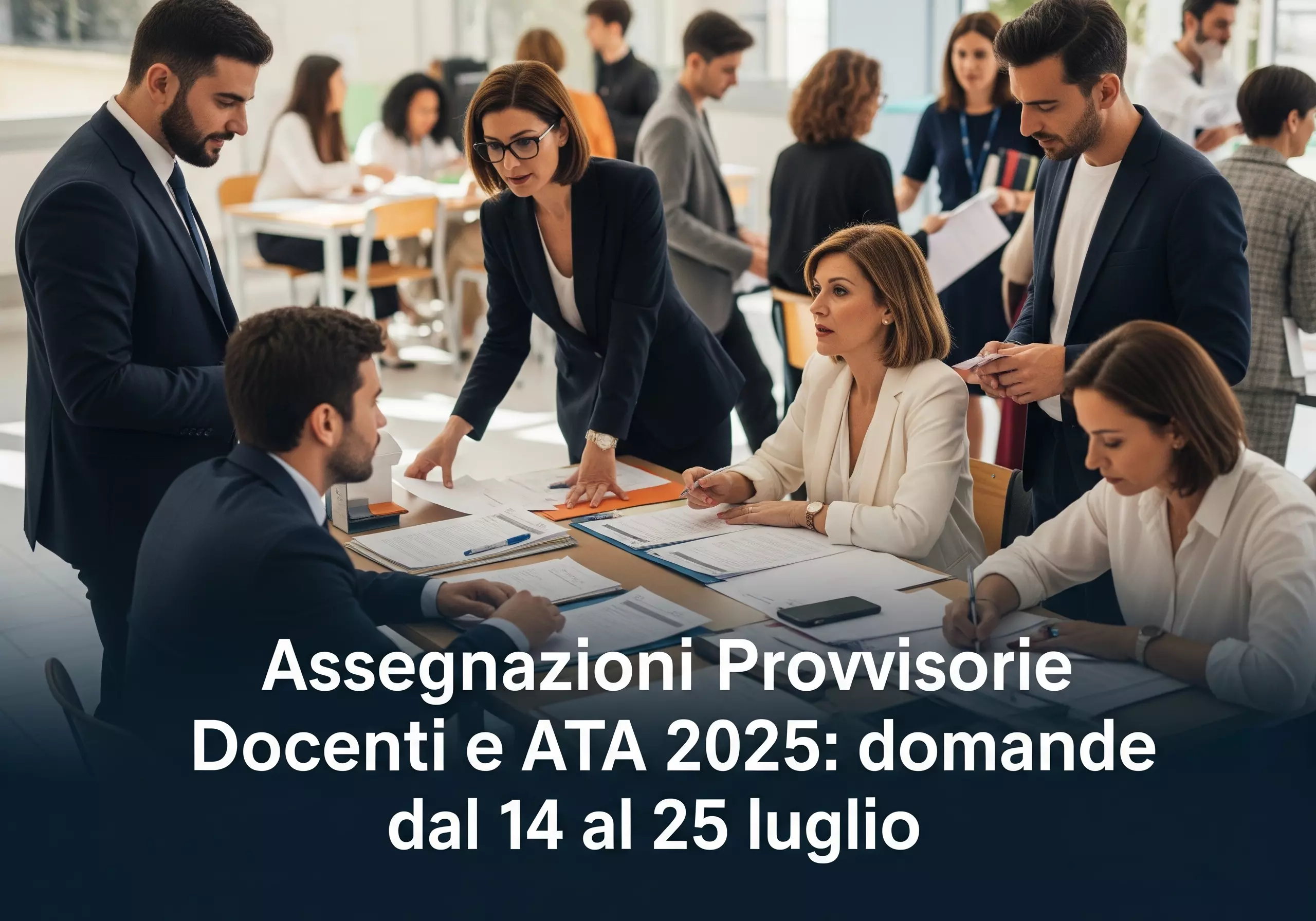 docenti e personale di segreteria con in primo piano la scritta "Assegnazioni Provvisorie Docenti e ATA 2025: domande dal 14 al 25 luglio"