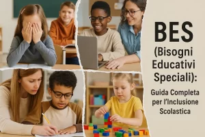 foto divisa in 4 parti in ognuna delle quali sono rappresentate scene relative ad alunni con BES. E in primo piano la scritta: "BES (Bisogni Educativi Speciali): Guida Completa per l’Inclusione Scolastica"