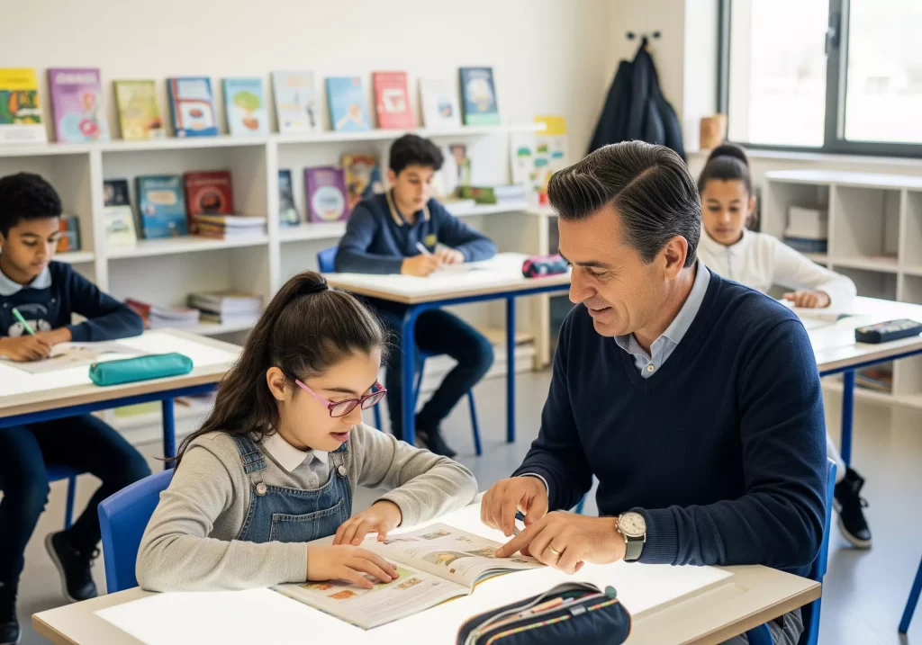 docente assiste alunna con BES durante la lezione
