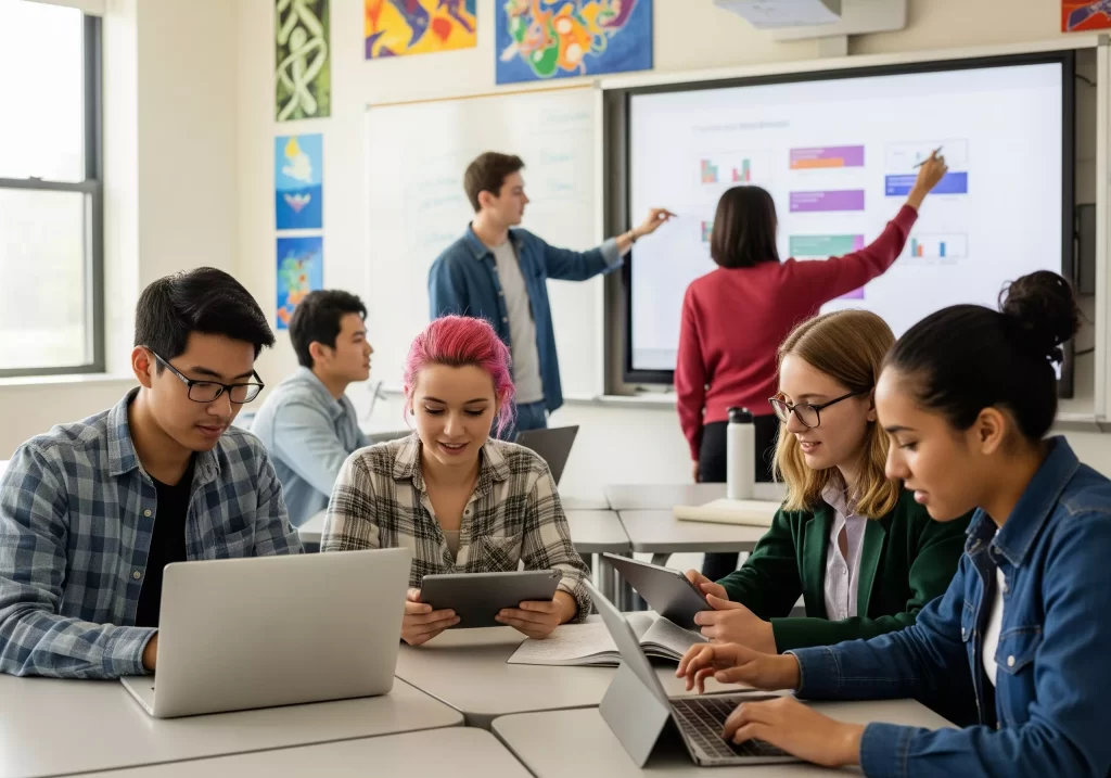 alunni BES durante una lezione in aula con tablet e pc