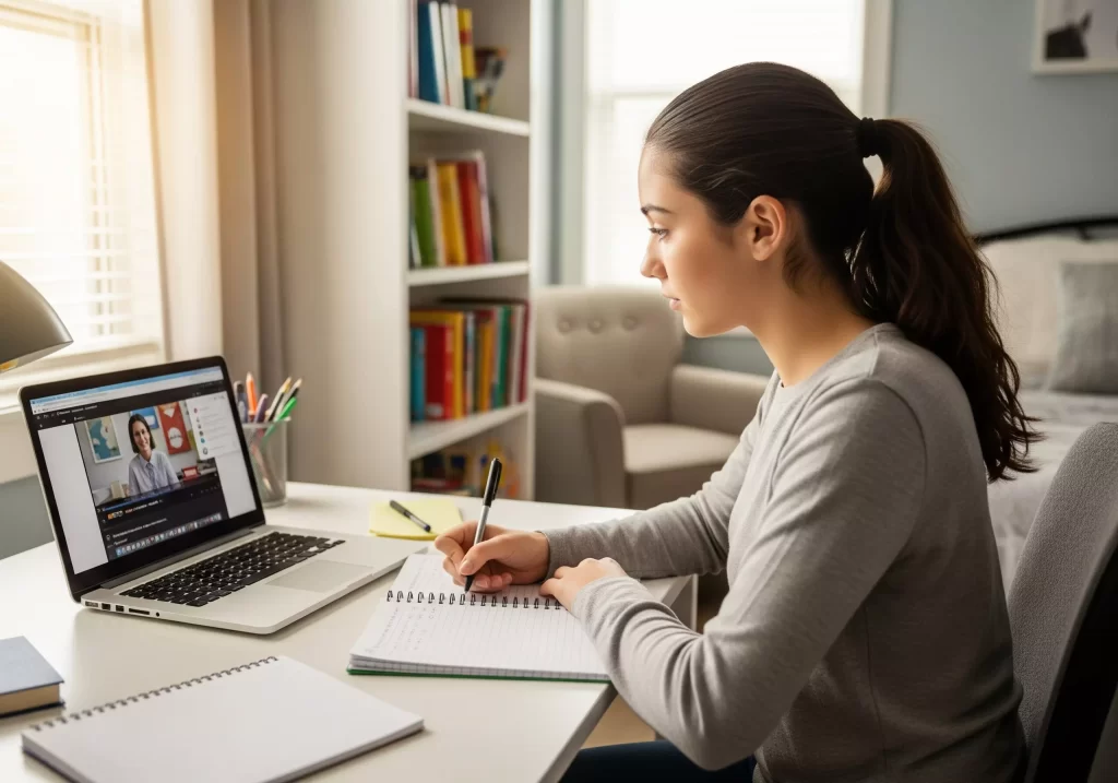 alunna segue lezione al pc