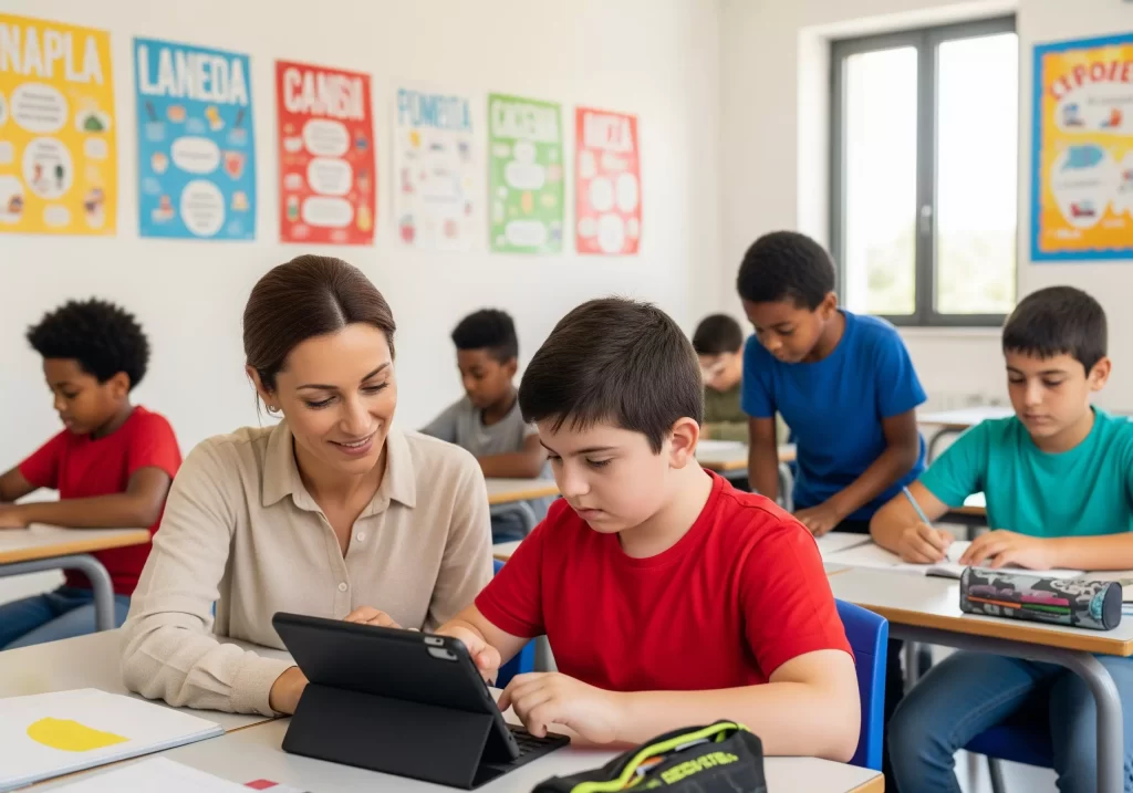 docente aiuta alunno BES al tablet in classe