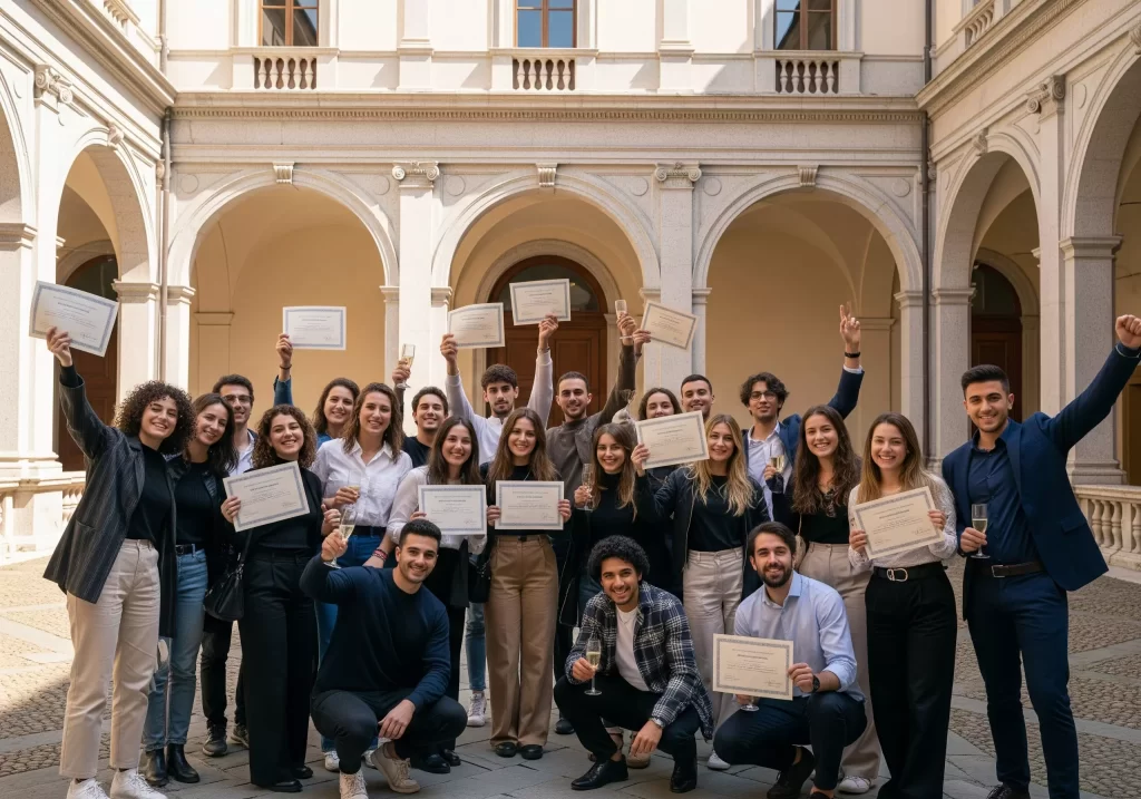 studenti nel cortile di un'università con in mano una borsa di studio