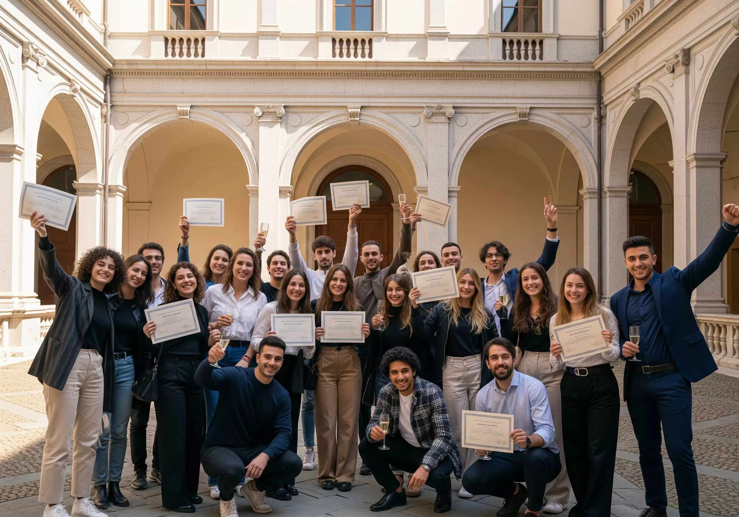studenti nel cortile di un'università con in mano una borsa di studio
