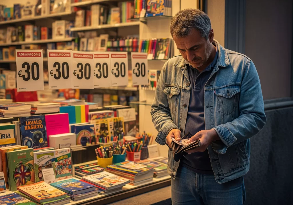 Caro Libri 2025: padre sconsolato davanti alla vetrina di una libreria scolastica guarda i prezzi e allo stesso tempo i pochi soldi nel portafoglio