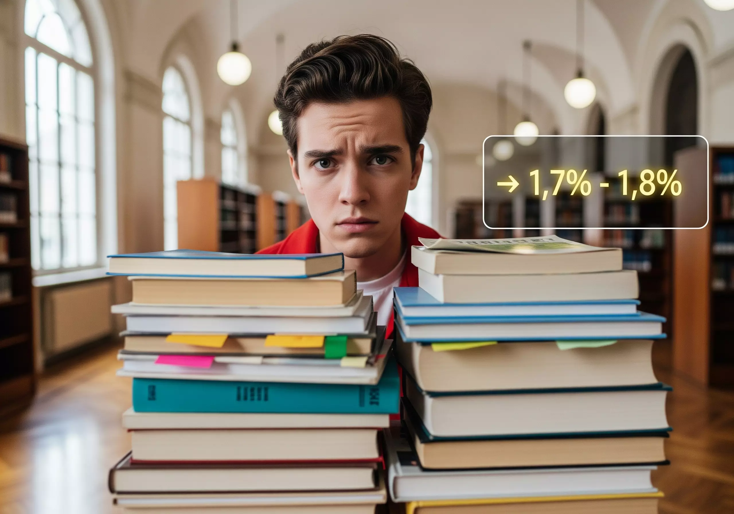 Studente davanti a due pile di libri. E in evidenza la scritta "1,7% - 1,8%"
