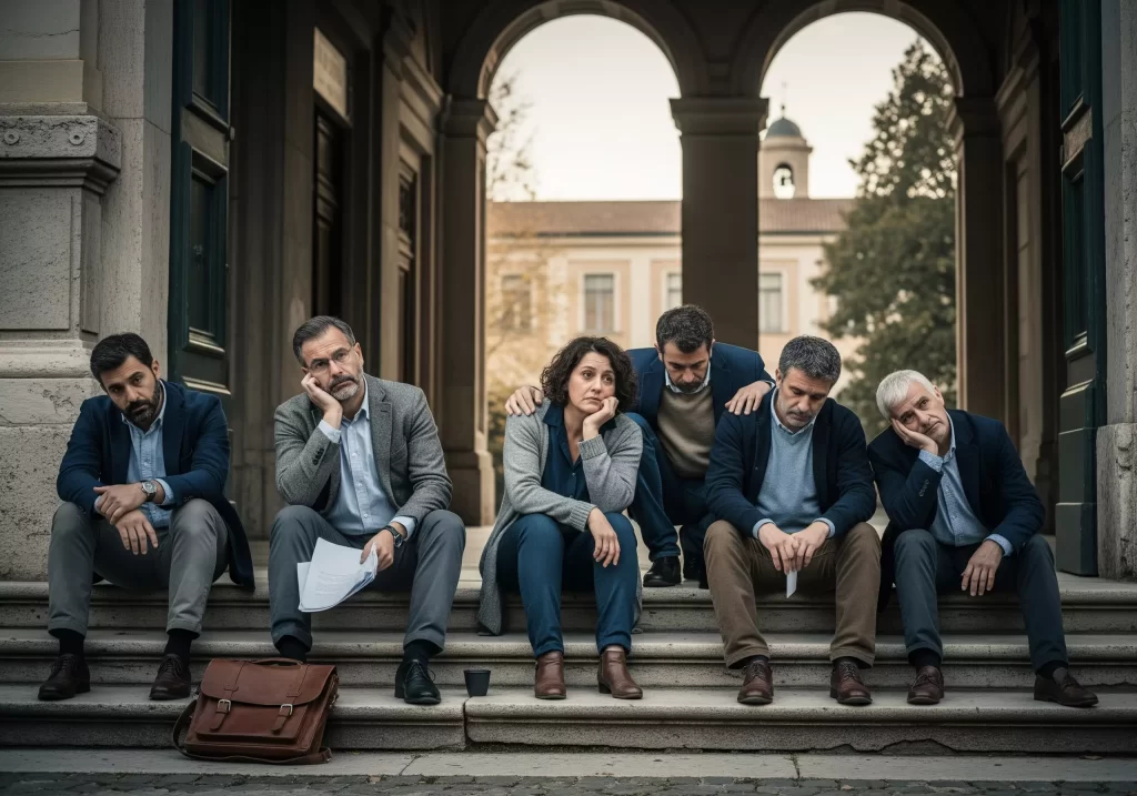 alcuni docenti delusi e amareggiati seduti sui gradini di una scuola