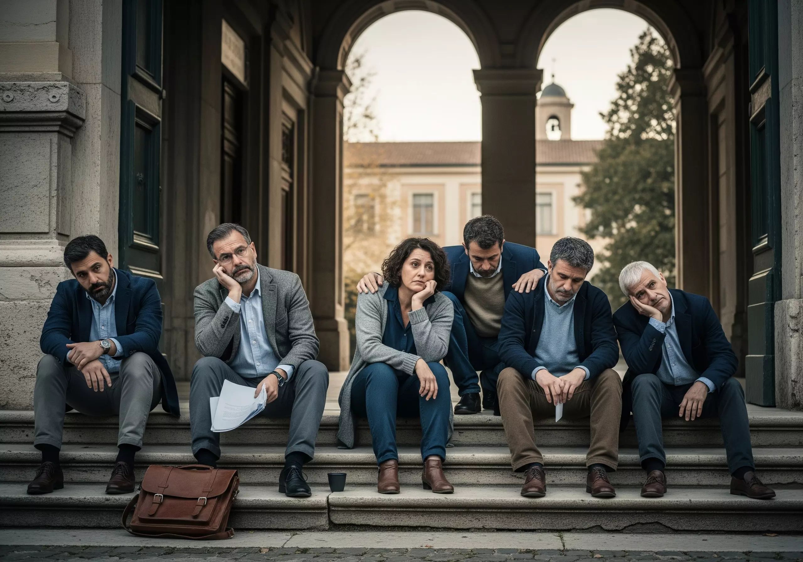 alcuni docenti delusi e amareggiati seduti sui gradini di una scuola