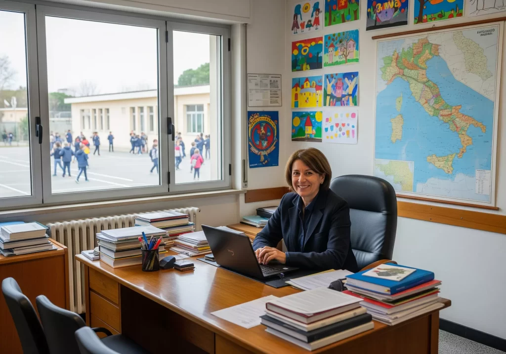 dirigente scolastico alla scrivania del proprio ufficio, con una finestra sul cortile della scuola attraversato da alunni