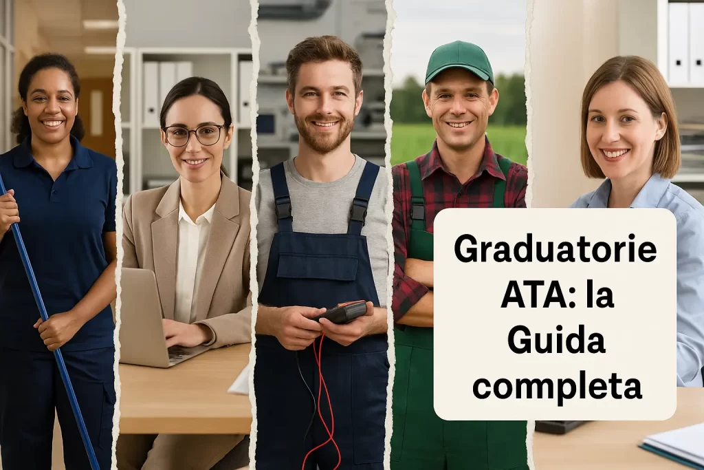 Foto divisa in 5 parti, con cinque diverse figure ATA e la scritta "Graduatorie ATA: la Guida completa"